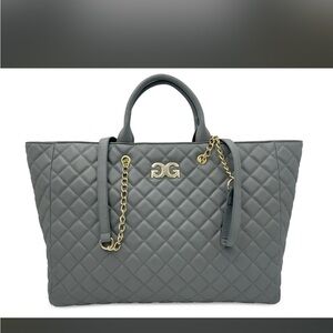 Gray and Gold Quilted Tote with Chain Detail